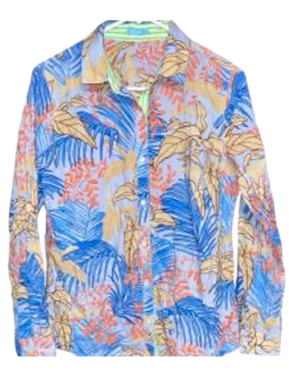J McLaughlin Lois Blue Tropical Palm Print Button Up Shirt L
